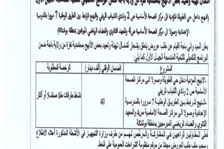 الاعلان عن طلب عروض عدد 2026/10 حول أشغال تهيئة وتعبيد بعض الانهج بمعتمدية نفزة من ولاية باجة ضمن البرنامج التكميلي للتنمية...