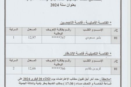 النتائج النهائية لانتداب اعوان متعاقدين صنف ا 3 اختصاص هندسة ميكانيكية